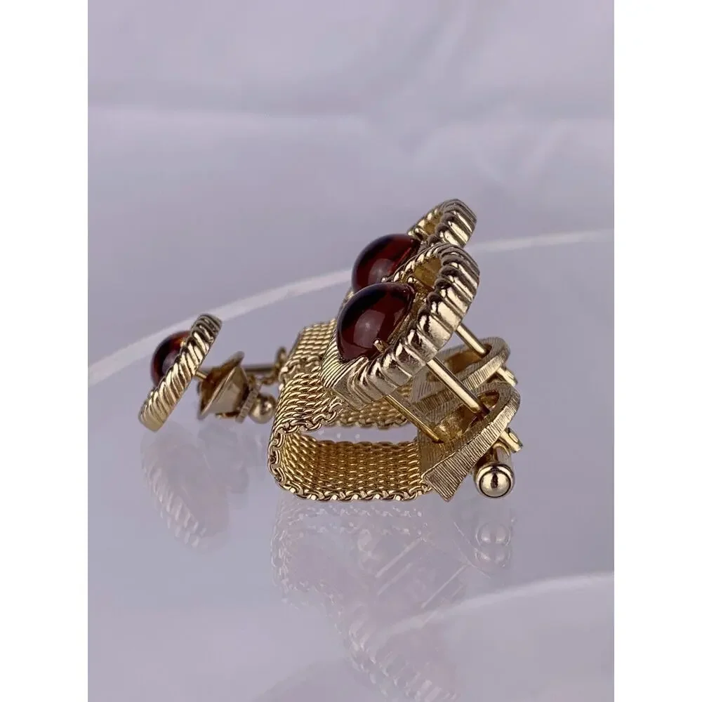 Amber Color Lucite Cufflinks & Tie Pin Gold Tone Wrap Acrylic Mid Century VTG K1